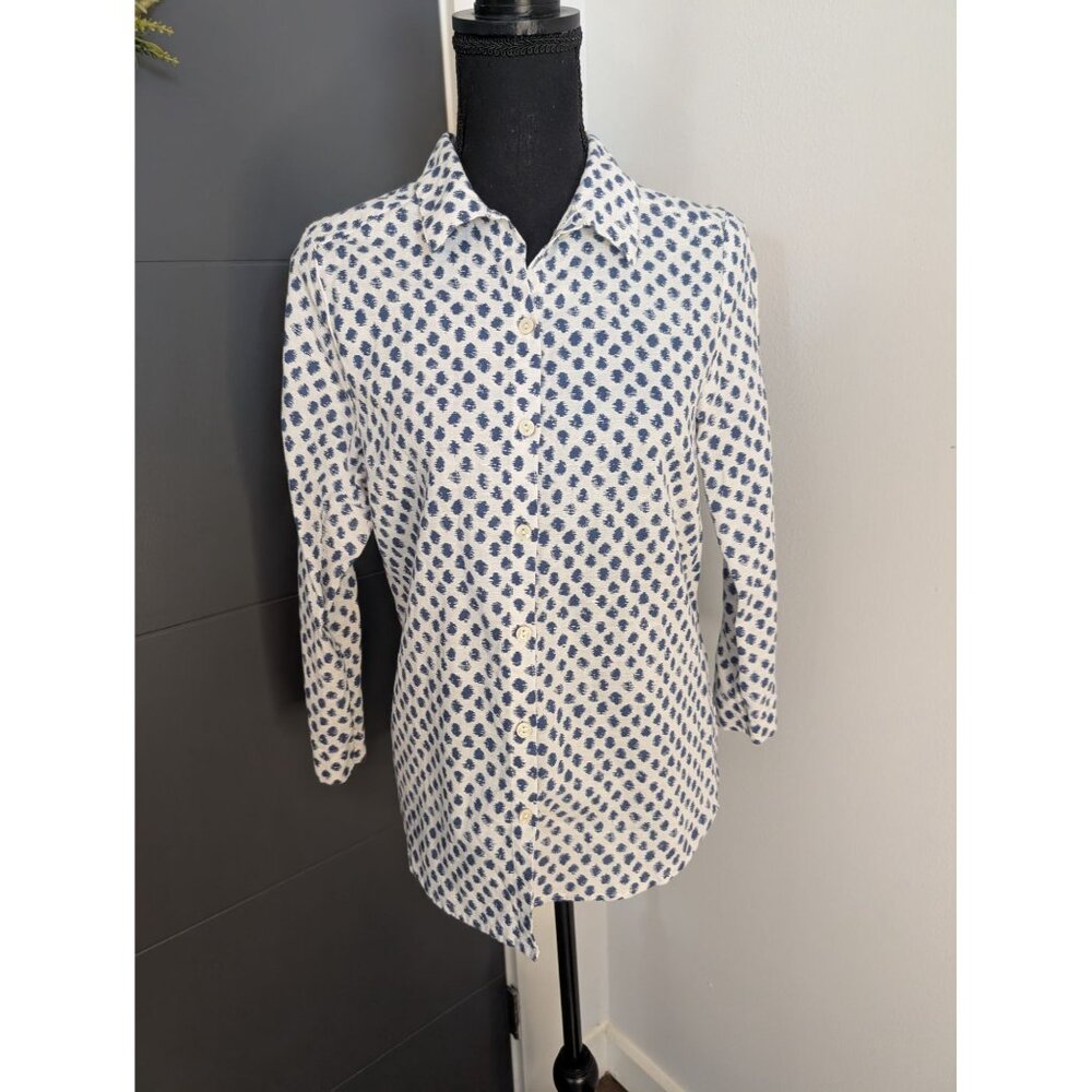 Hester & Orchard White & Blue Polka Dot Linen Blend Button-Up‎ Shirt - Medium